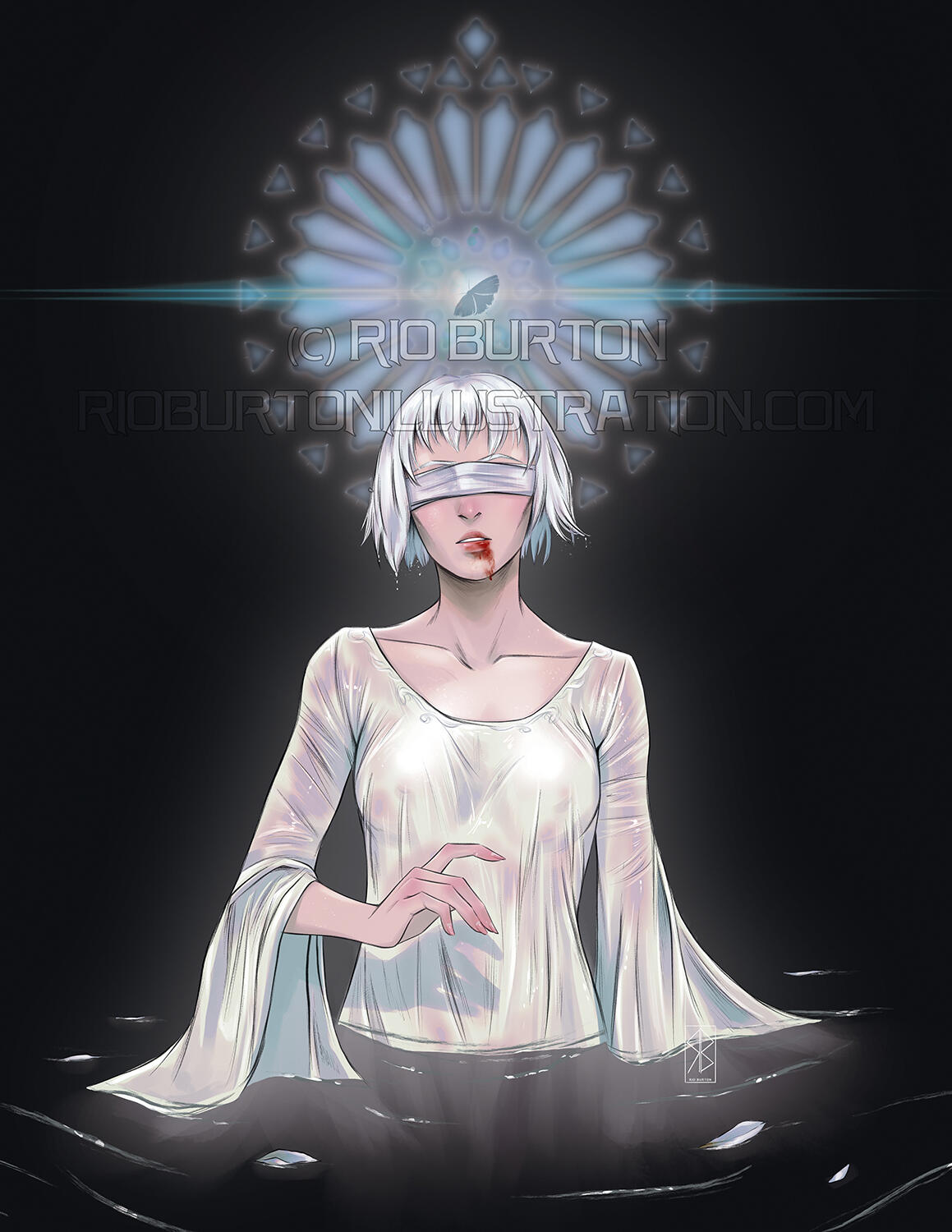 Sybil from The Knight and The Moth partially submerged in water with a stained glass window behind her